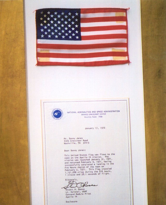 Picture of flag carried to the moon and the official NASA letter sent to James to